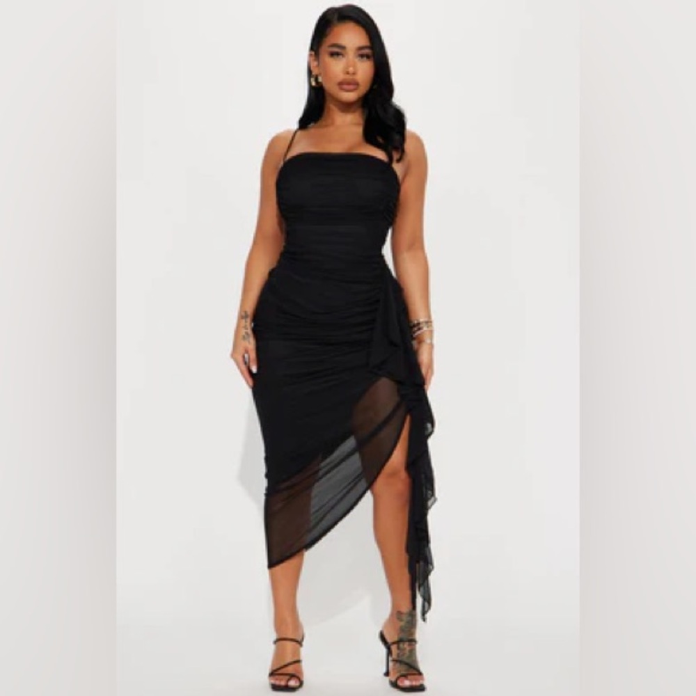 Pretty Lady Ruched Flowy Midi Dress with High Slit and Ruffle Detail Black Large